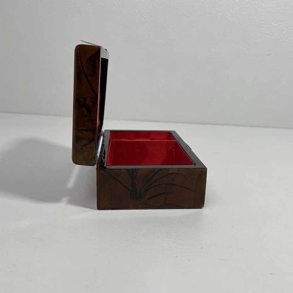 VTG Carved Crane Glazed Wooden Jewelry Trinket Box Red Lining Republic of China